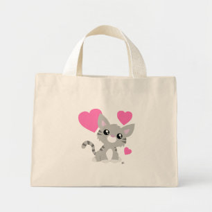 Valentine's Day Gray Kitty Tote Bag Mini Stoffbeutel