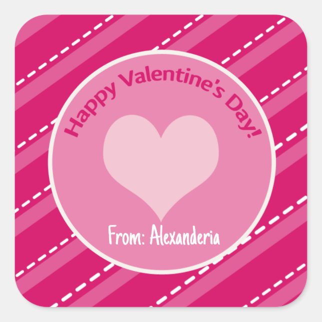Valentine's Day Heart Pink Dashes Stripes Muster Quadratischer Aufkleber (Vorderseite)