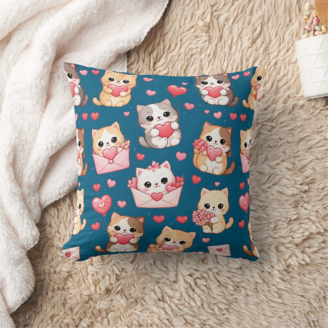 Valentine's Day Kawaii Cat Pattern Throw Pillow Kissen (Decke)