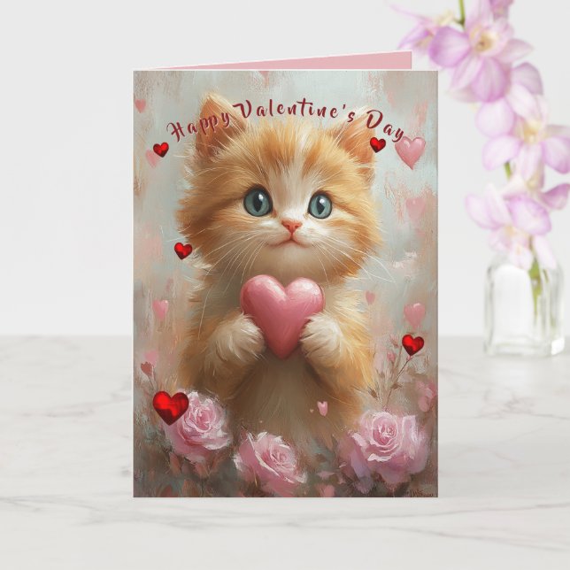 Valentine's Day Kitten Red Hearts Pink Roses Karte (Orchidee)