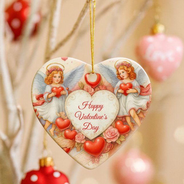 Valentine's Day Love Cherub Angels  Keramik Ornament (Vintage cherubs and roses adorn this heart ornament, glowing on a dreamy Valentine's Day tree.)