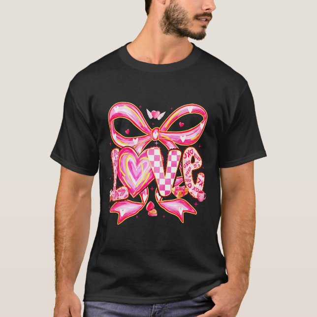Valentines Day Love Funny Coquette Bow Checkered X T-Shirt (Vorderseite)