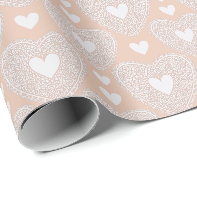 Valentine's Day Peach Lace Herzmuster Geschenkpapier (Rolleneckpunkt)