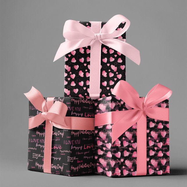 Valentine's Day Pink and Black Hearts Script-Liebe Geschenkpapier Set (Von Creator hochgeladen)