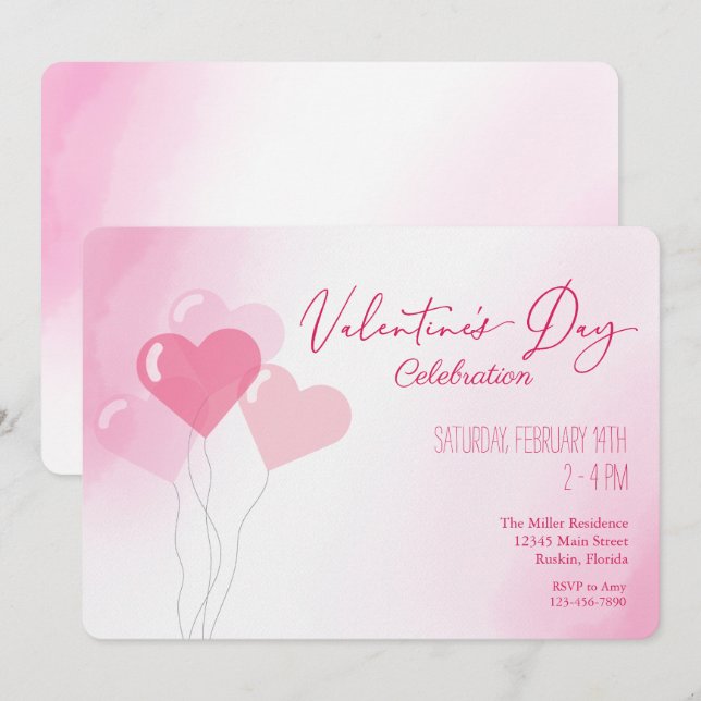 Valentine's Day Pink Balloons Aquarellfarben Party Einladung (Vorne/Hinten)