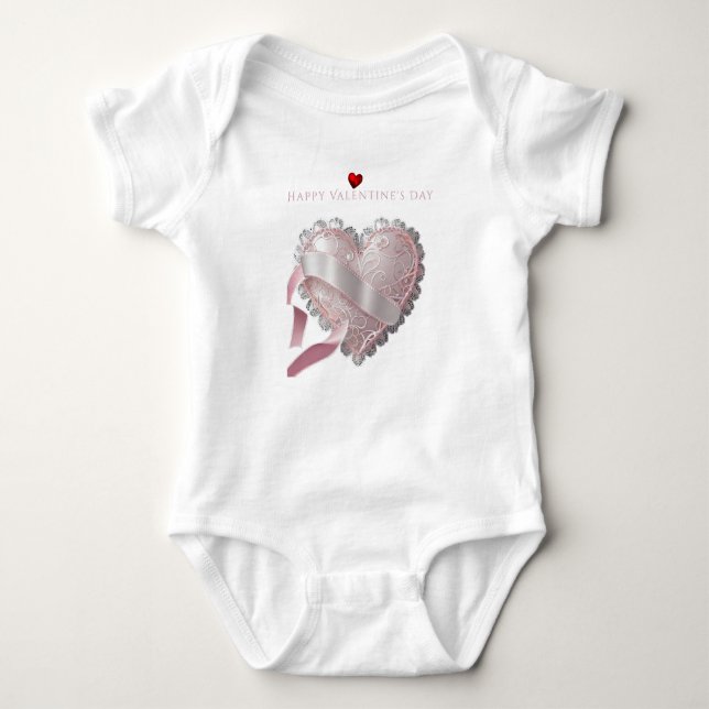 Valentine's Day Pink Lace Heart Satin Ribbon Baby Strampler (Vorderseite)