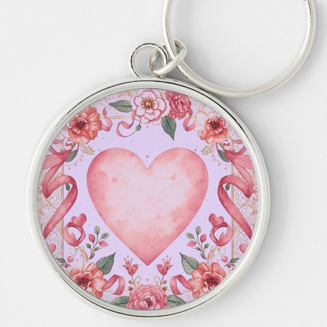 Valentine's Day, Pink Love Heart, Soft Purple Back Schlüsselanhänger (Vorne)