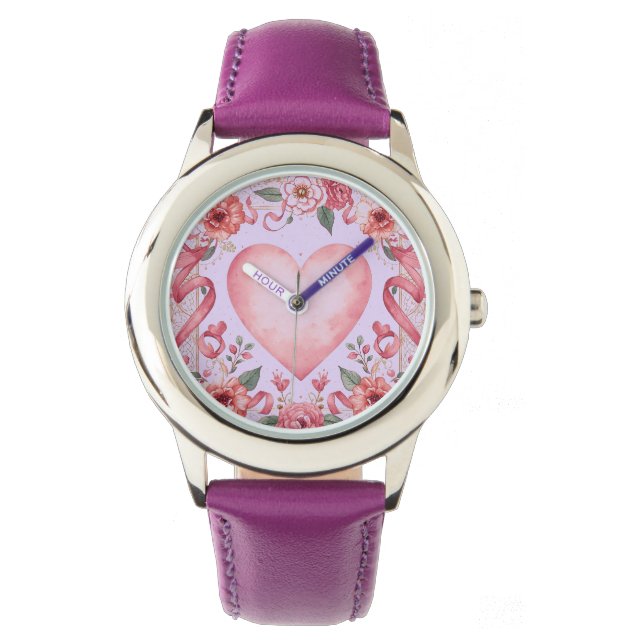 Valentine's Day,Pink Love Heart,Soft Purple Backgr Armbanduhr (Vorderseite)