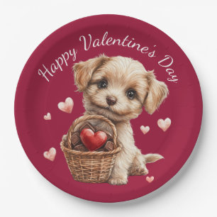 Valentine's Day Puppy Basket Red Heart Candy Pappteller