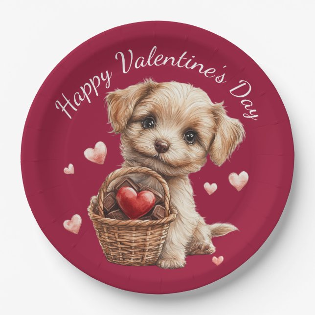 Valentine's Day Puppy Basket Red Heart Candy Pappteller (Vorderseite)