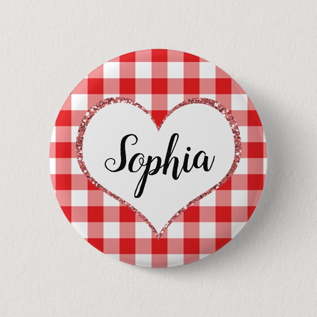 Valentine's Day Red Gingham Heart Individuelle Nam Button (Vorderseite)