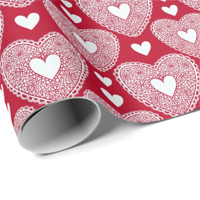 Valentine's Day Red Lace Herzmuster Geschenkpapier (Rolleneckpunkt)