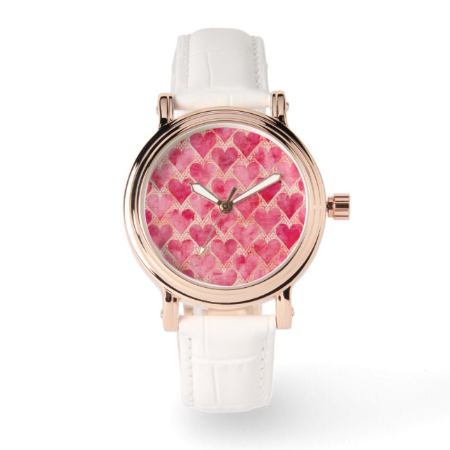 Valentine's Day, Red Pink Love Heart Pattern Armbanduhr (Vorderseite)