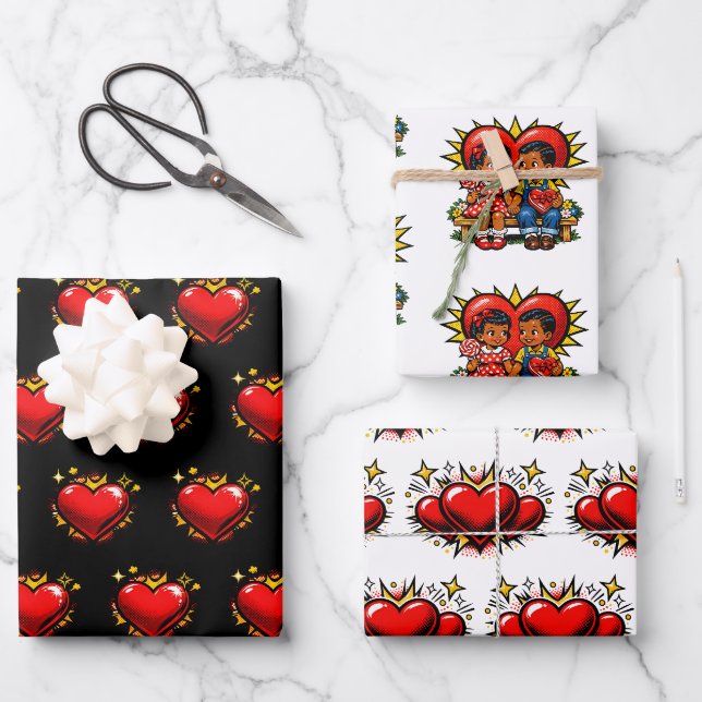 Valentine's Day | Retro Pop Art Boy and Girl Geschenkpapier Set (Vorderseite)