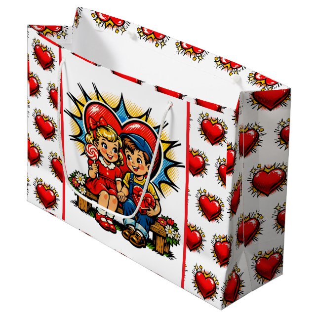 Valentine's Day | Retro Pop Art Boy and Girl Große Geschenktüte (Vorderseite Schrägansicht)