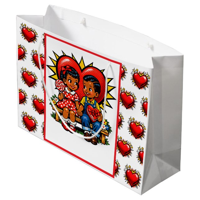 Valentine's Day | Retro Pop Art Boy and Girl Große Geschenktüte (Rückseite Schrägansicht)