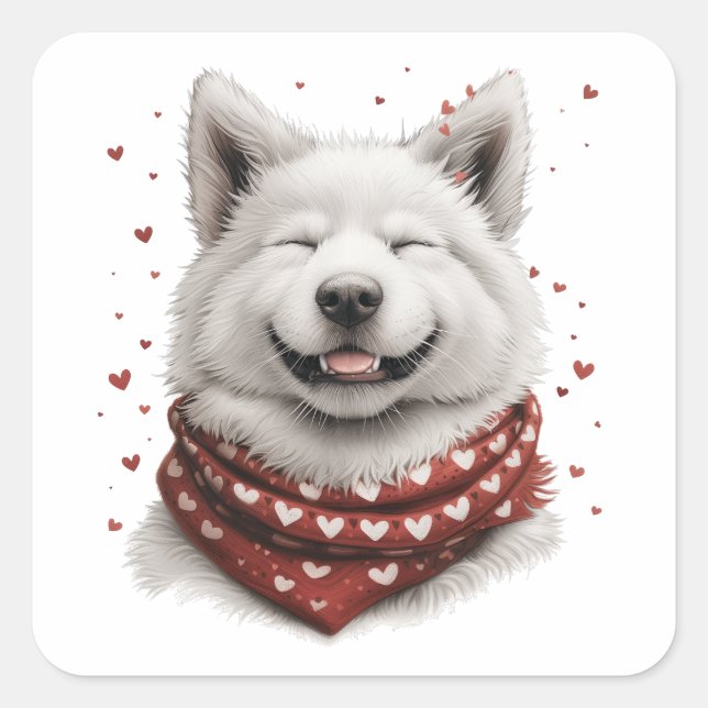 Valentines Day Samoyed Dog Quadratischer Aufkleber (Vorderseite)
