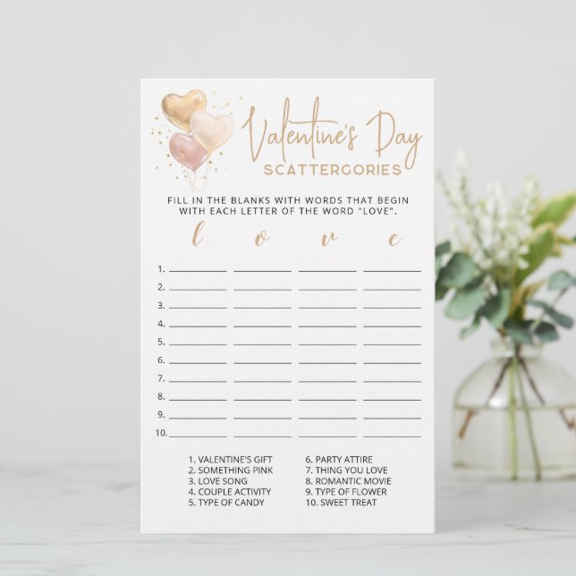 Valentine's day Scattergories bearbeitbares Spiel (Stehend Vorderseite)