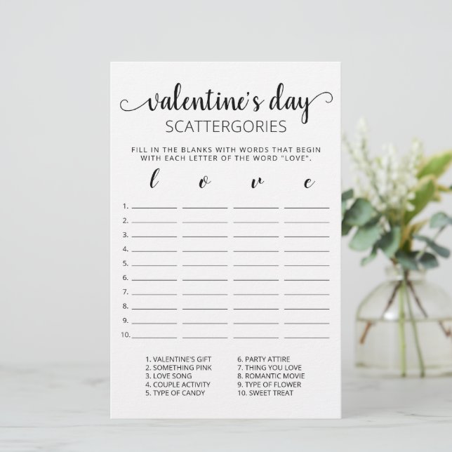 Valentine's day Scattergories bearbeitbares Spiel (Stehend Vorderseite)