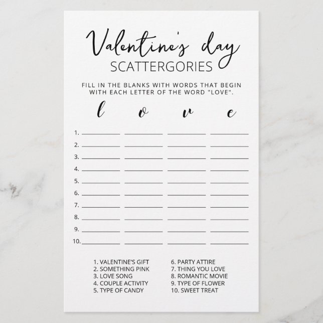 Valentine's day Scattergories bearbeitbares Spiel (Vorderseite)
