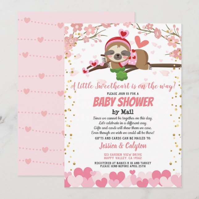 Valentine's Day Sloth Babydusche per Mail Pink Einladung (Vorne/Hinten)