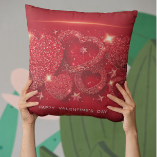 Valentine's Day Sparkling Hearts Gold Stars Rot Kissen