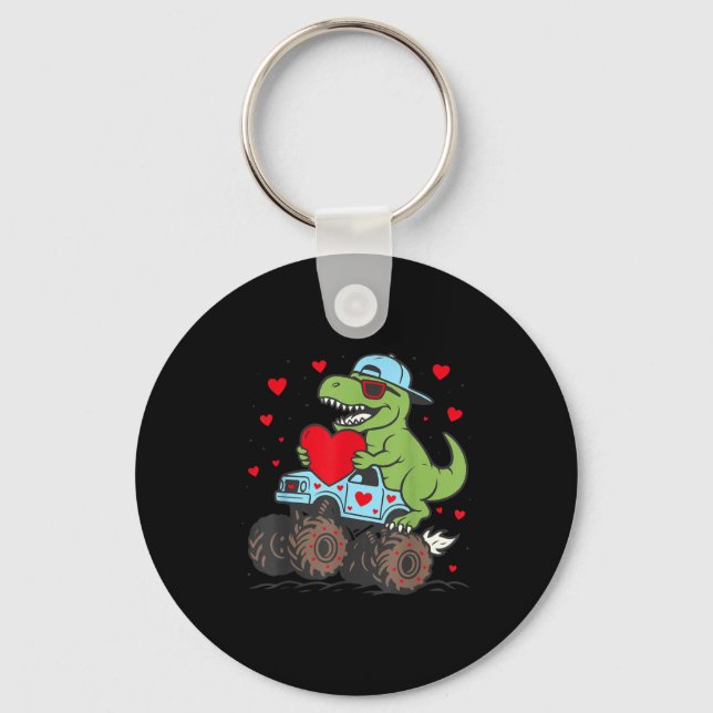 Valentines Day T Rex Riding Monster Truck Funny To Schlüsselanhänger (Vorderseite)