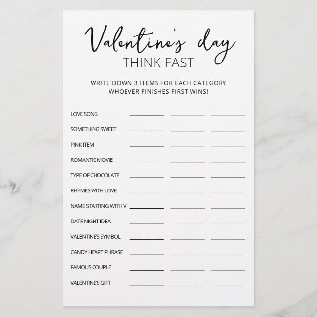 Valentine's Day Think Fast, Think Quick Party Spie (Vorderseite)