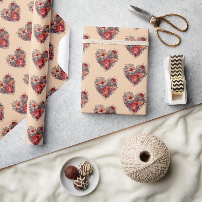 Valentines Day Vintage Heart and Flowers  Geschenkpapier (Kunsthandwerk)