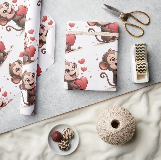 Valentine's Day Wrapping Paper Monkey Red Hearts Geschenkpapier (Kunsthandwerk)