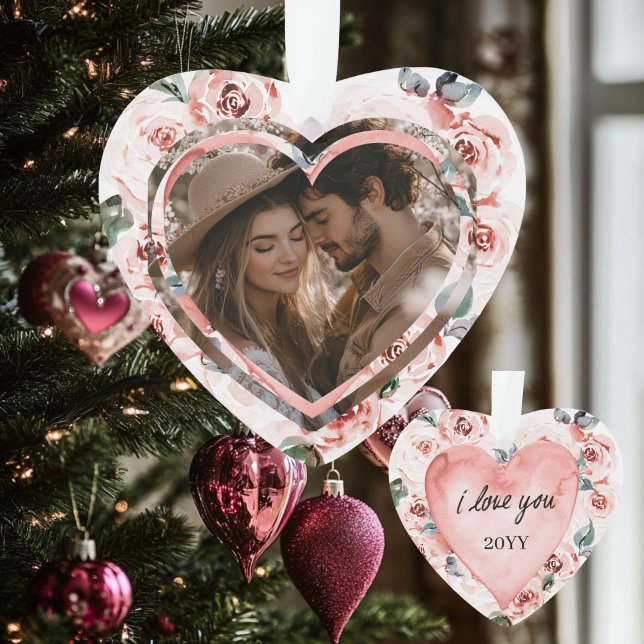 Valentines en forme de coeur Floral (Heart Shaped Valentines Photo Ornament)