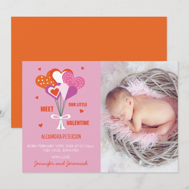 Valentines Geburtsankündigung Niedlich Hearts Bouq Ankündigung (Vorne/Hinten)