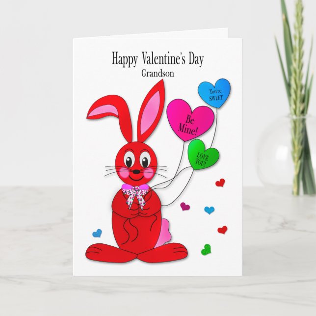 Valentines  Grandson Red Bunny Heart Balloons Card Karte (Vorderseite)