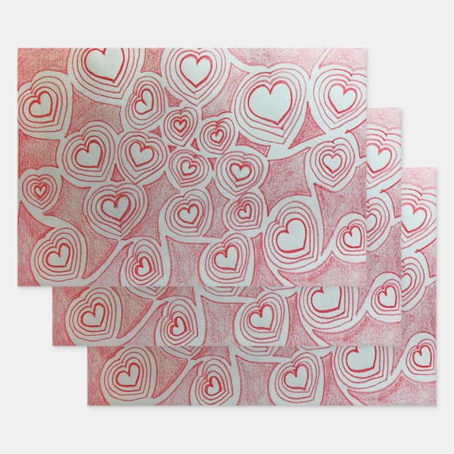 Valentines handgezeichnet Rotherz-Doodle-Muster Geschenkpapier Set (Set)