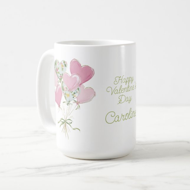Valentine's Heart Pink and Green Heart Balloons Kaffeetasse (Vorderseite Links)