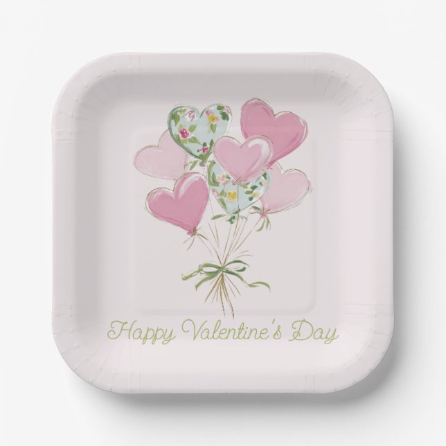 Valentine's Heart Pink and Green Heart Balloons Pappteller (Vorderseite)