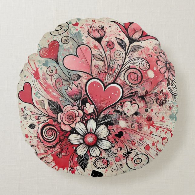 Valentines Hearts / Daisy / Spritzer Art Rundes Kissen (Vorderseite)