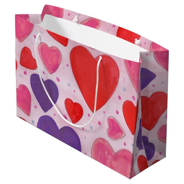 Valentines Herz Muster in Rosa Lila Große Geschenktüte (Rückseite Schrägansicht)
