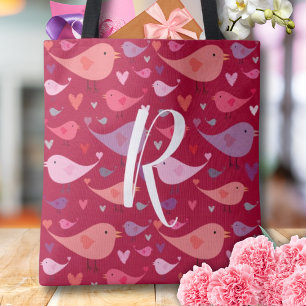 Valentines hört Vögel Rosa Stilftiges Monogramm Tasche