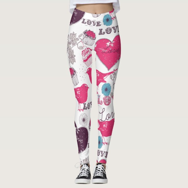 Valentines Muster Rote Herzen & Vögel Leggings (Vorderseite)