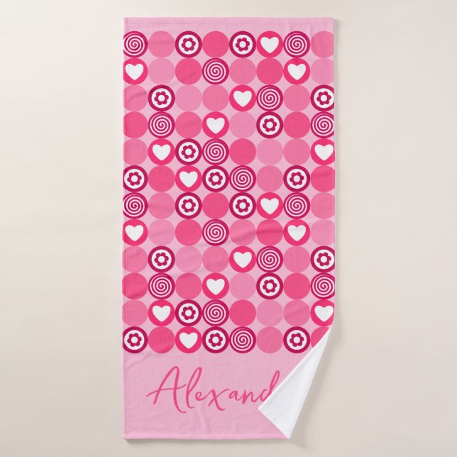 Valentines Niedlich rosa Herz und Blume Muster Nam Badehandtuch (Badehandtuch)