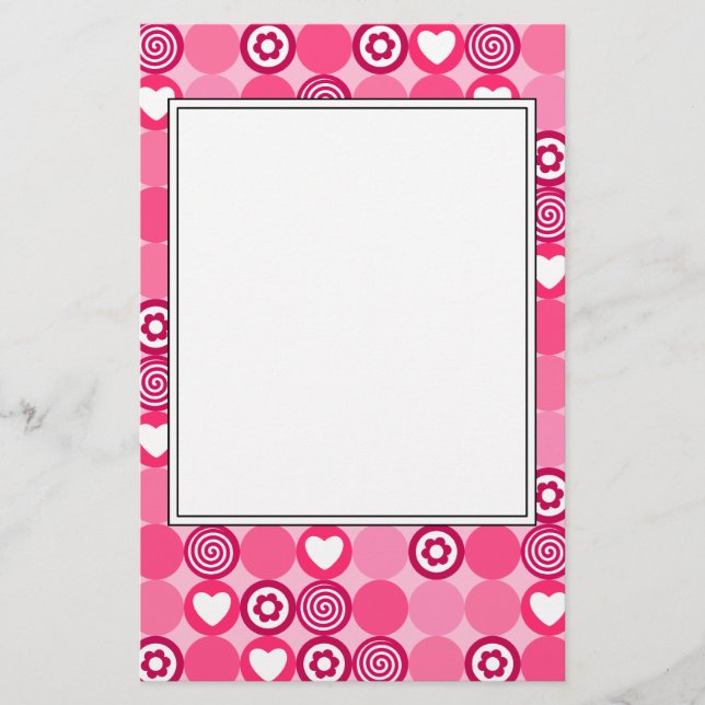 Valentines Niedliches rosa Herz- und Blume Dots Mu Briefpapier (Vorderseite)