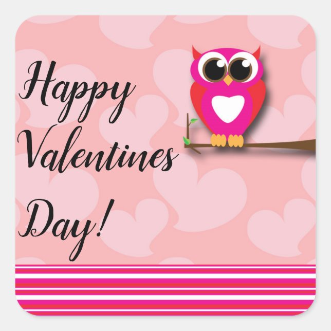 Valentines Owl & Hearts Rosa Moderne Gefallen Quadratischer Aufkleber (Vorderseite)