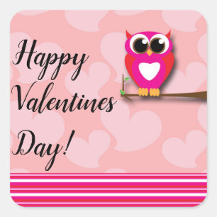 Valentines Owl & Hearts Rosa Moderne Gefallen Quadratischer Aufkleber