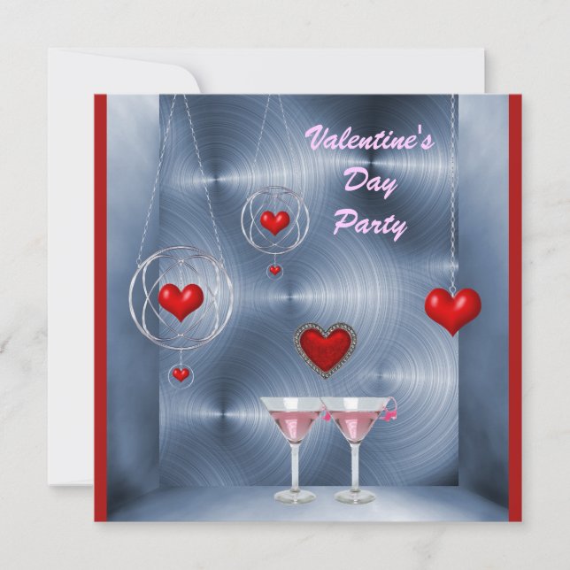 Valentine's Party Red Hearts & Pink Martini Einladung (Vorderseite)