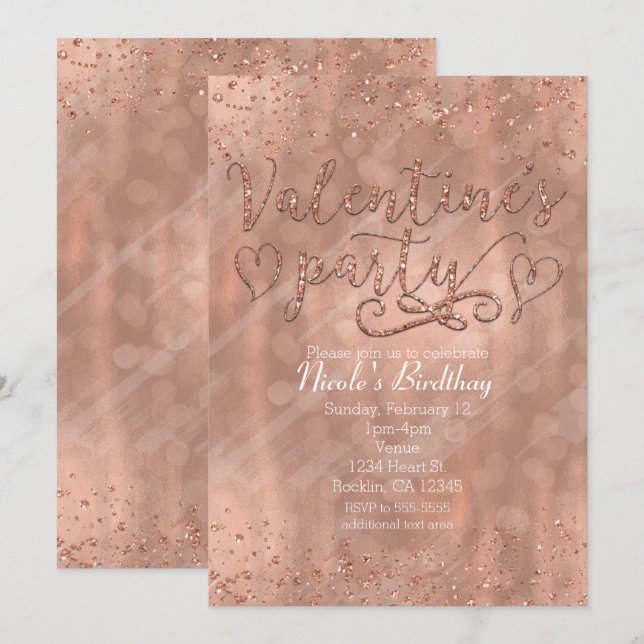 Valentine's Party Rose Rose Gold Glam Invitations (Devant / Derrière)