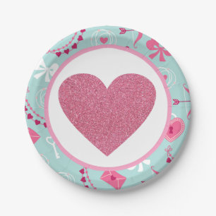 Valentines Pink Blauer Glitzer Herz Pappteller