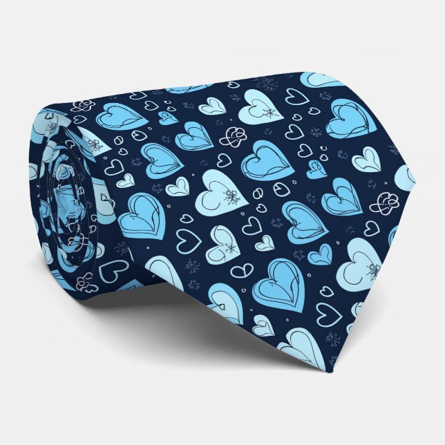 Valentine's Pretty Dark and Light Blue Hearts Krawatte (Gerollt)