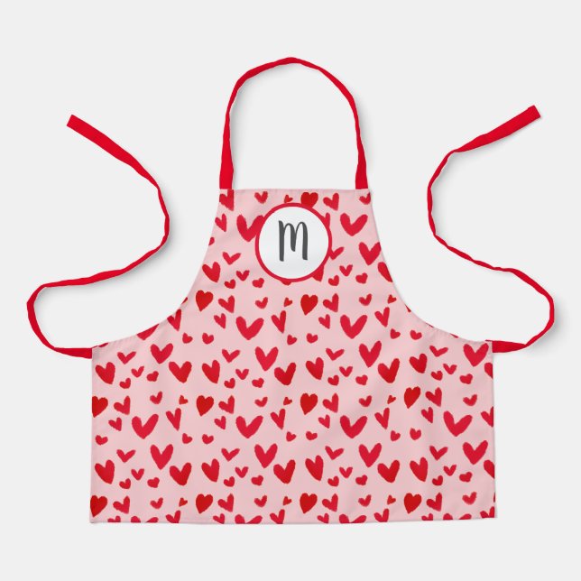 Valentines Red Doodle Hearts Muster Monogram Kids Schürze (Vorderseite)