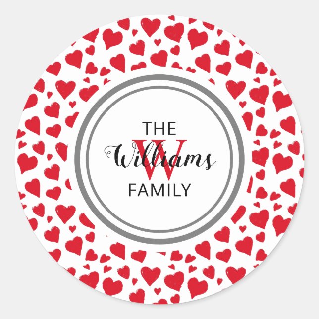 Valentines Red Heart Mit Monogramm Name Runder Aufkleber (Vorderseite)